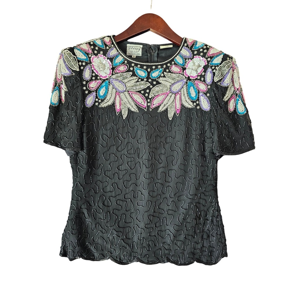 Stenay‎ Vintage 100% Silk Beaded Sequin Floral Blouse Black Pink Blue Size 10